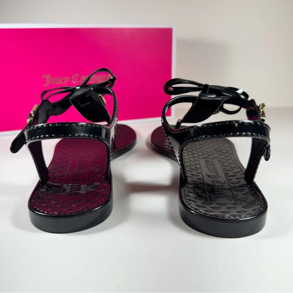 Juicy Couture Black Jelly Bow Thong Sandals Gold Crown Charm Y2k Retro Women's 7
